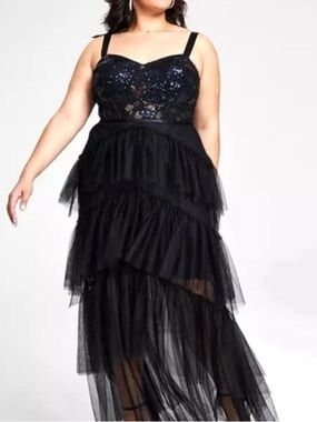 NWT Black Sequin Tiered Mesh Maxi Gown Dress